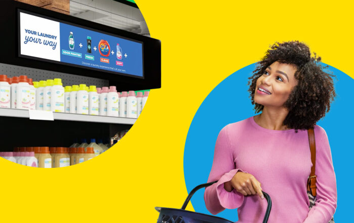 Person shopping and looking at in-store connect by quad displays